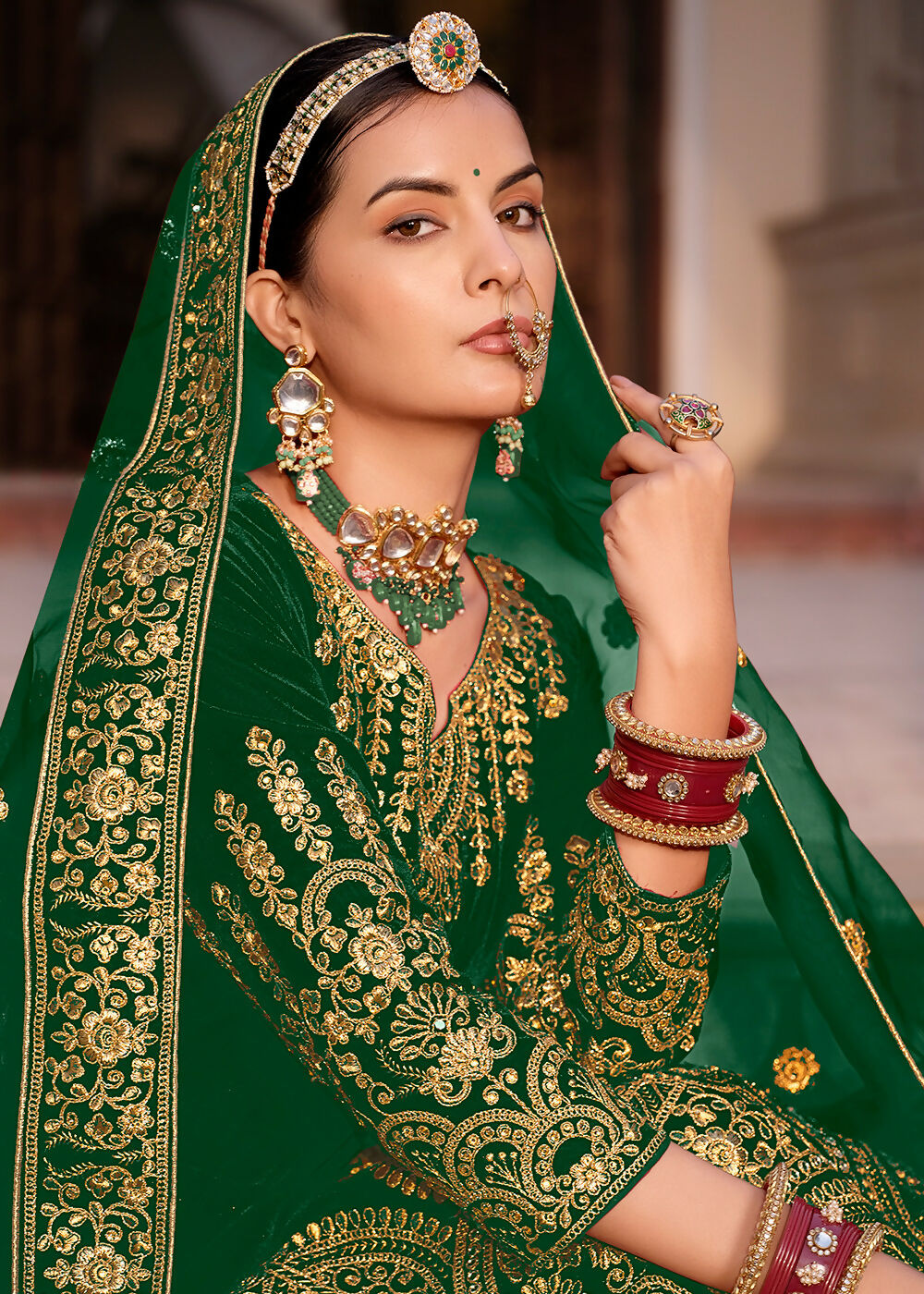 Green Velvet Front & Back Embroidery Wedding Anarkali Suit - Emponline | Grocsy
