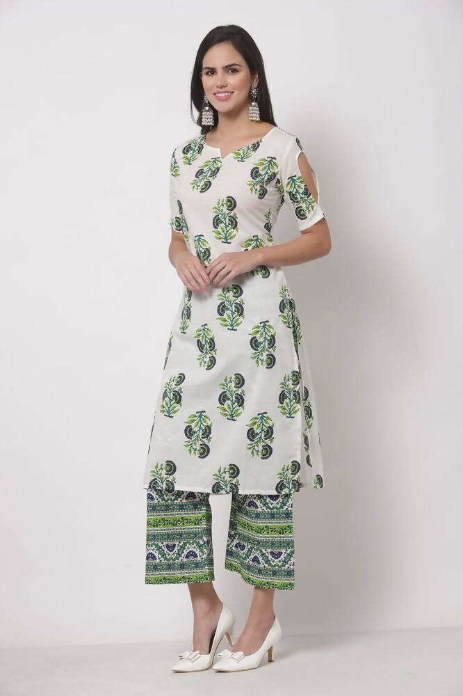 Myshka Women's White Cotton Blend Printed Half Sleeves V Neck Casual Kurta with Palazzo Set | Grocsy