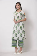 Myshka Women's White Cotton Blend Printed Half Sleeves V Neck Casual Kurta with Palazzo Set | Grocsy