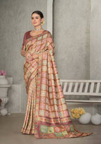 Peach Rangkat Tussar Silk Woven Design Saree with Unstitched Blouse - Mohmanthan Eshani | Grocsy