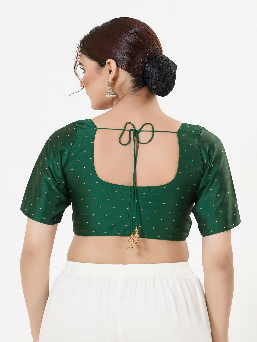 Joban Fashion Bottle-Green Taffeta Silk Elbow Sleeveless Front Open Blouse | Grocsy