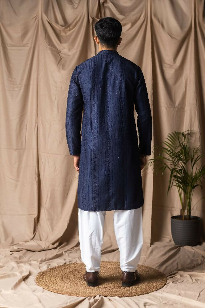 Navy Blue Rayon Thread Embroidery Work Kurta Set - Mahotsav | Grocsy
