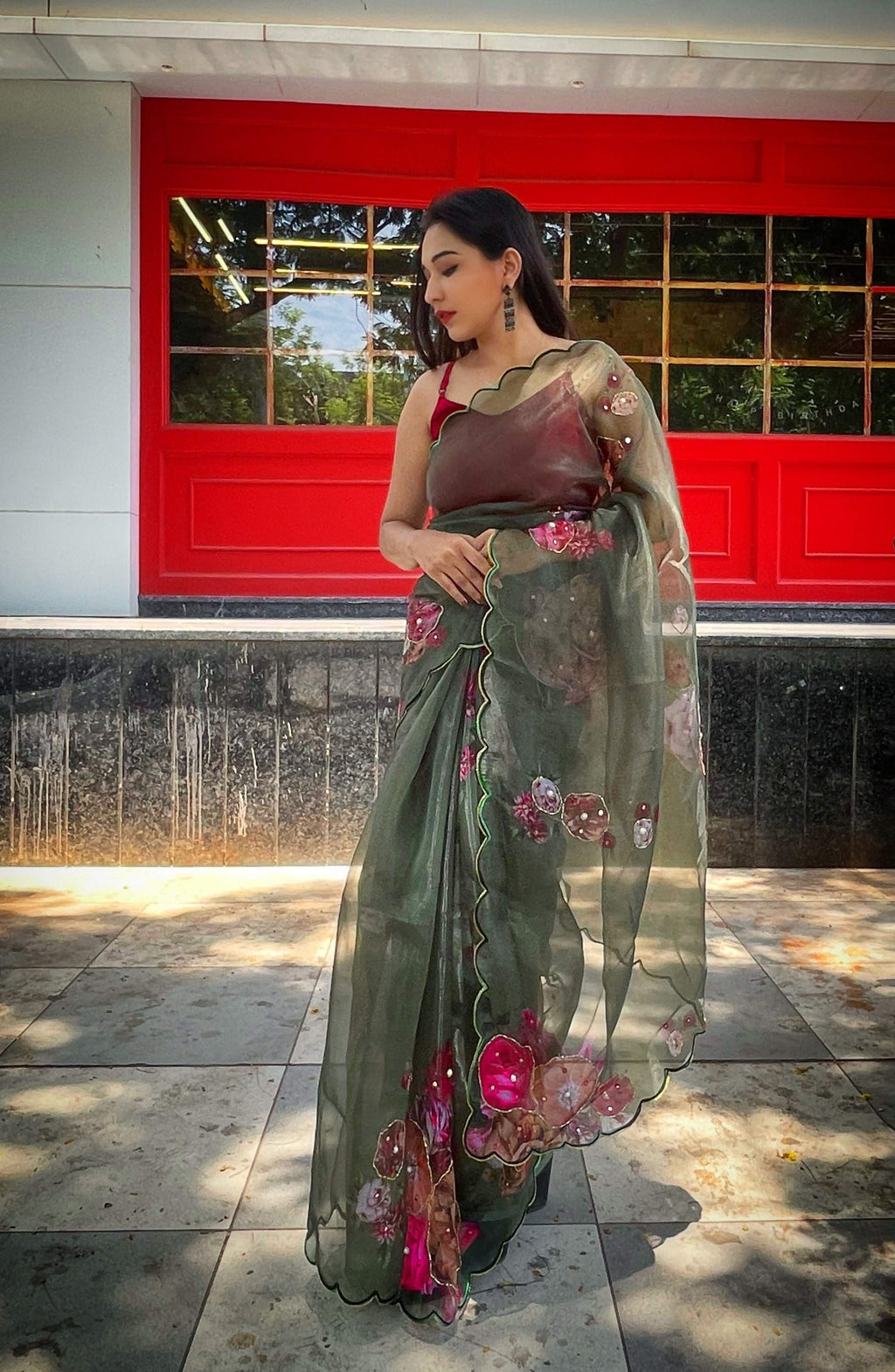 Vamsee Brijbala Green Organza Saree | Grocsy