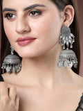 NVR Women's Silver-Plated Oxidised Artificial Stones Dome Shaped Jhumka Earrings | Grocsy