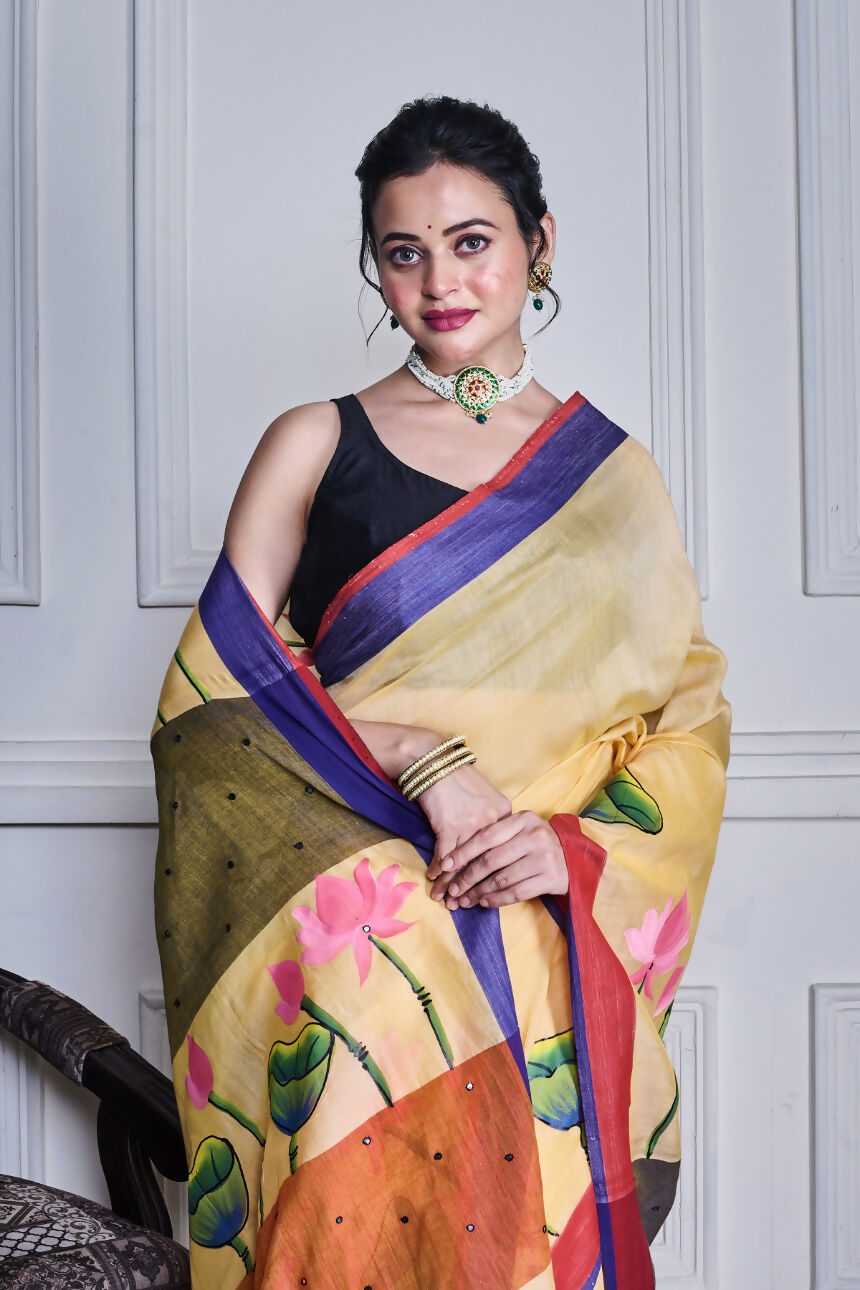 Morchari Multicolour Cotton Handloom Mirror Work Saree Unstitched Blouse | Grocsy