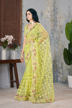 Vastranavya Soft Crush Georgette With Embroidery and Foil Multi Thread Work Saree - Light olive | Grocsy