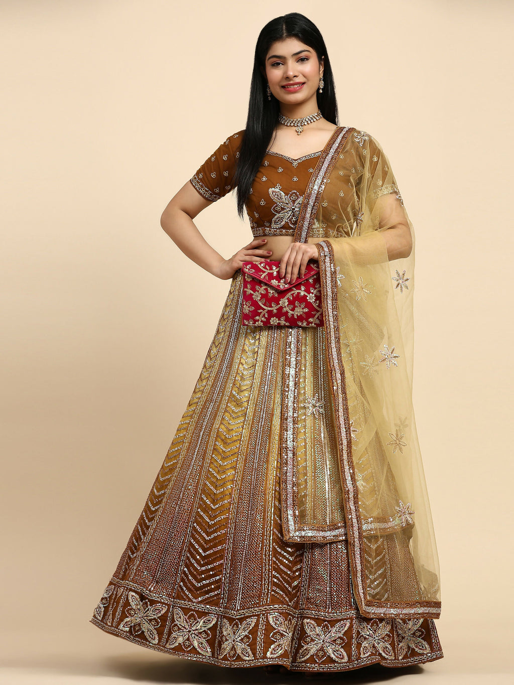 Brown Fancy Net Sequence Embroidered Lehenga Choli with Dupatta - Dhara | Grocsy