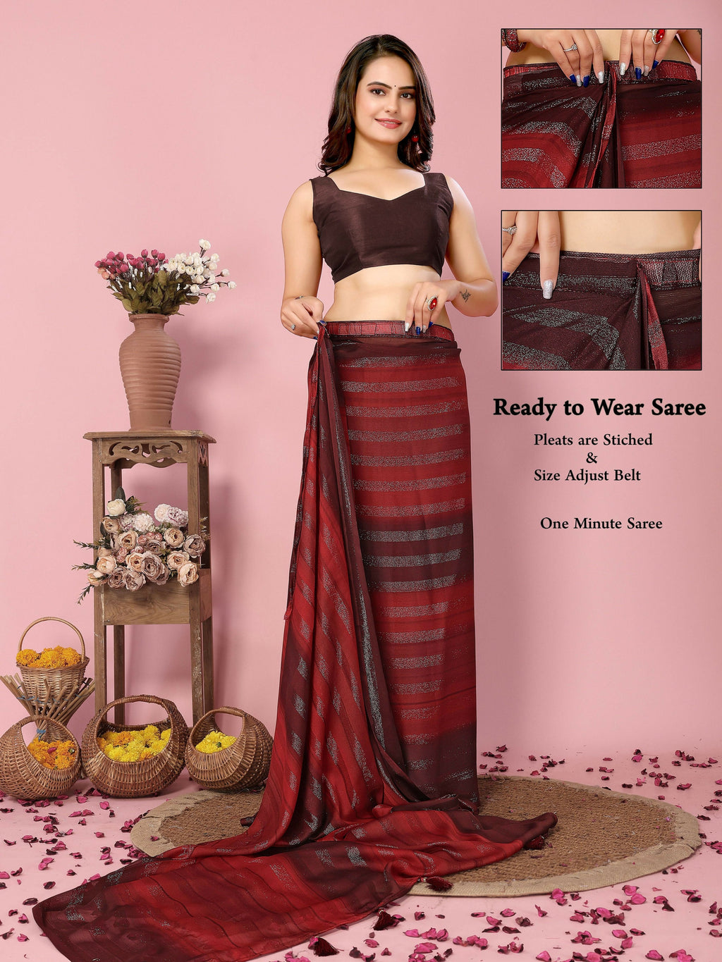 Attractive These Party Wear Ready To Wear Saree - Burgundy | Grocsy