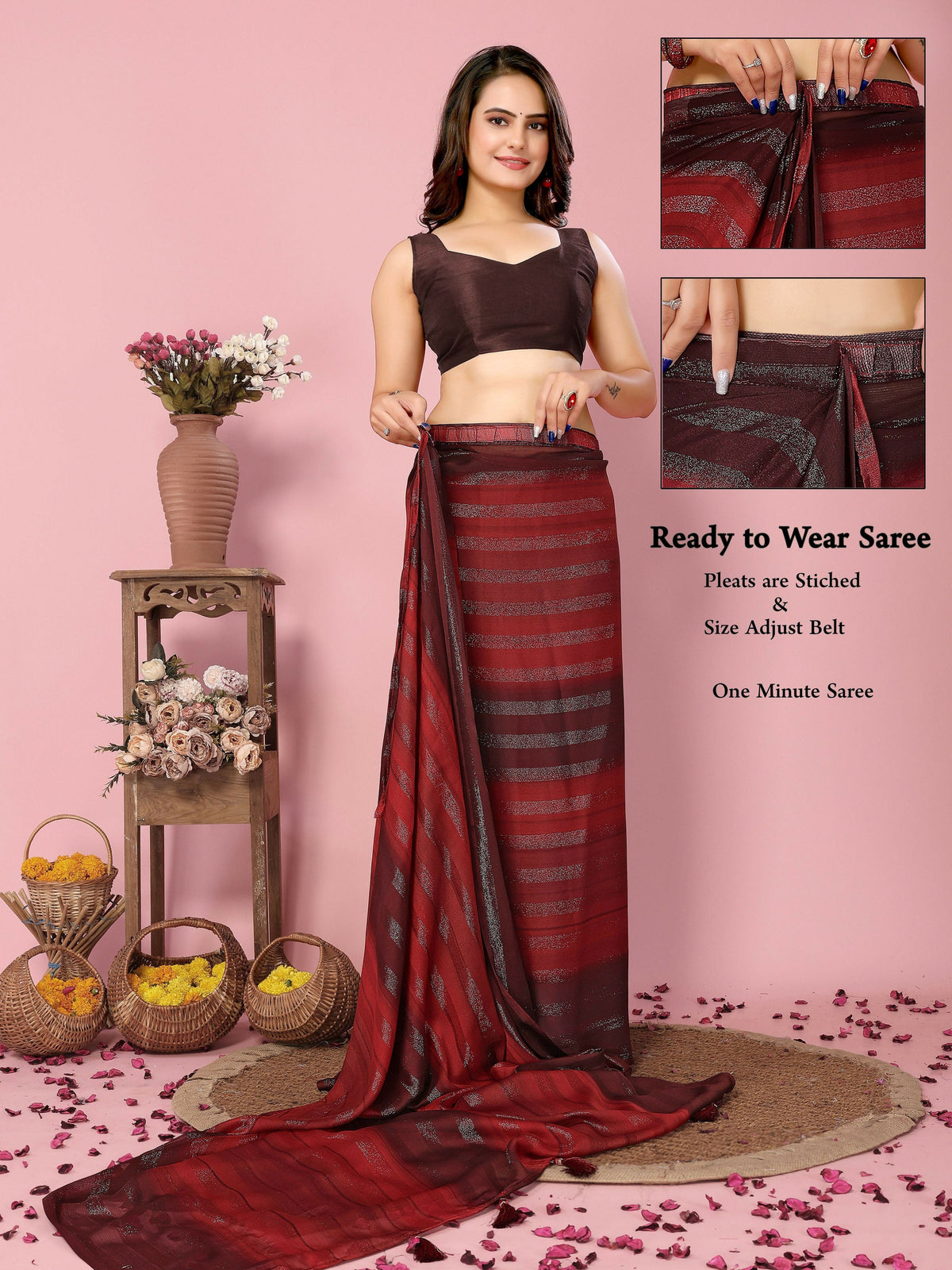 Attractive These Party Wear Ready To Wear Saree - Burgundy | Grocsy
