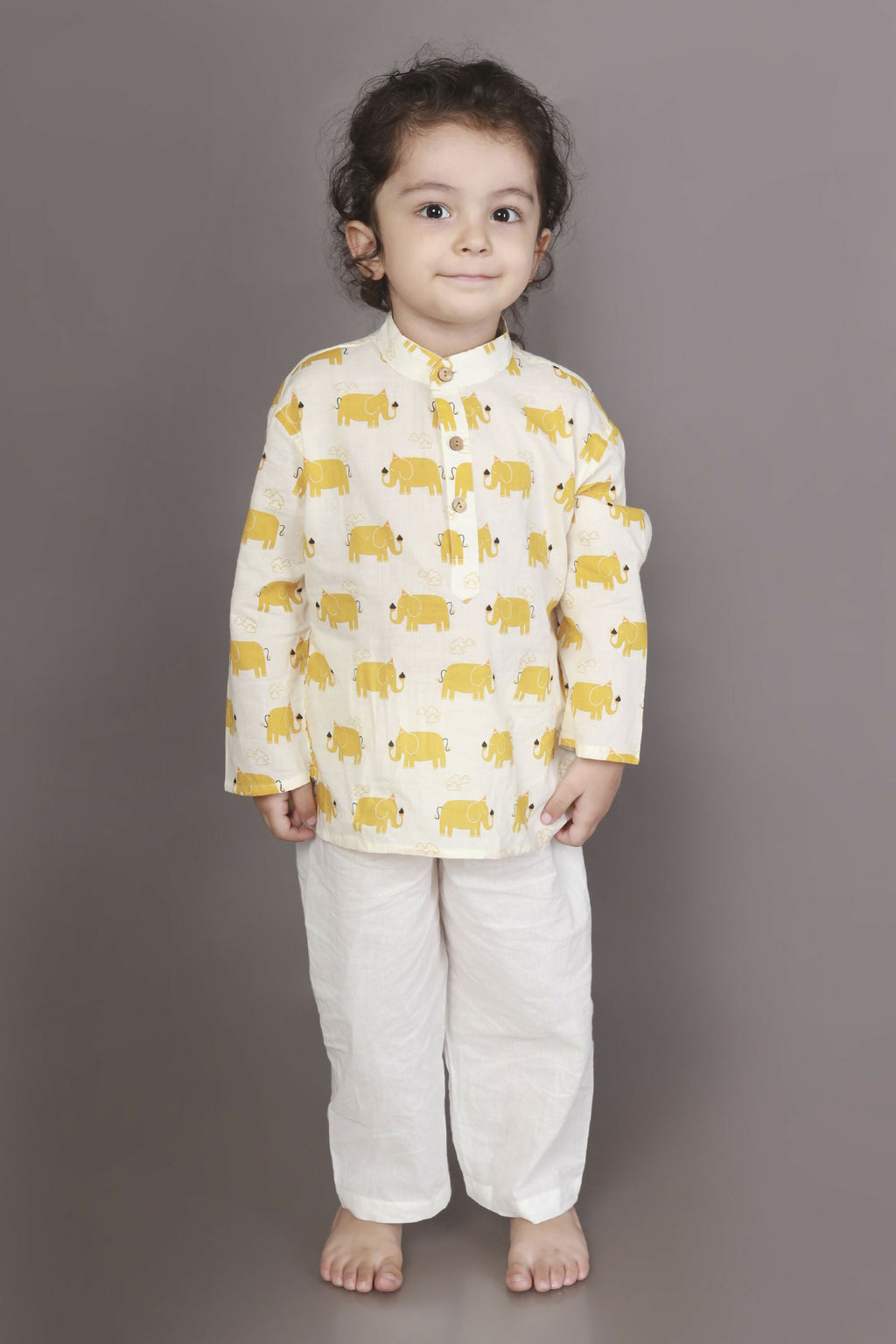 Breathables Kids Cotton Night Suit – Yellow Elephant Print Kurta & Pyjama Co-Ord Set For Boys & Girls | Grocsy