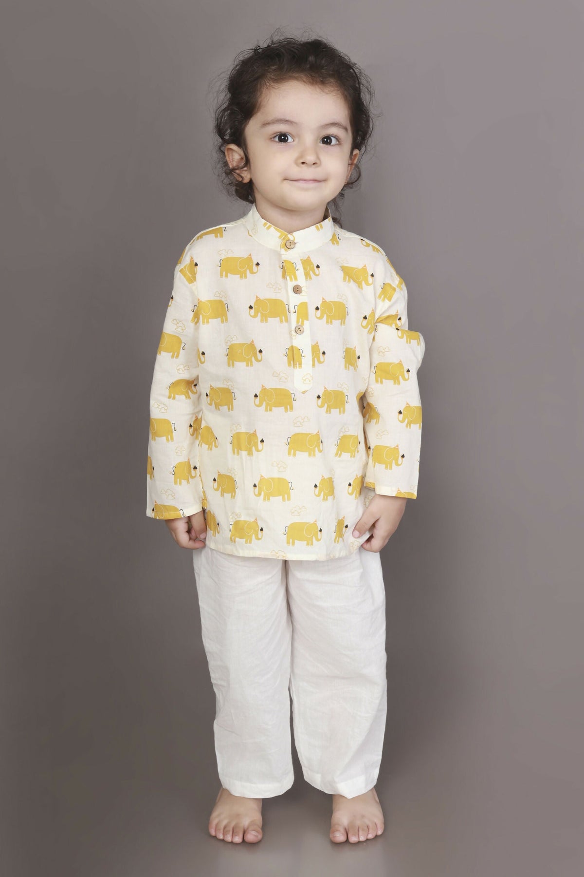 Breathables Kids Cotton Night Suit – Yellow Elephant Print Kurta & Pyjama Co-Ord Set For Boys & Girls | Grocsy