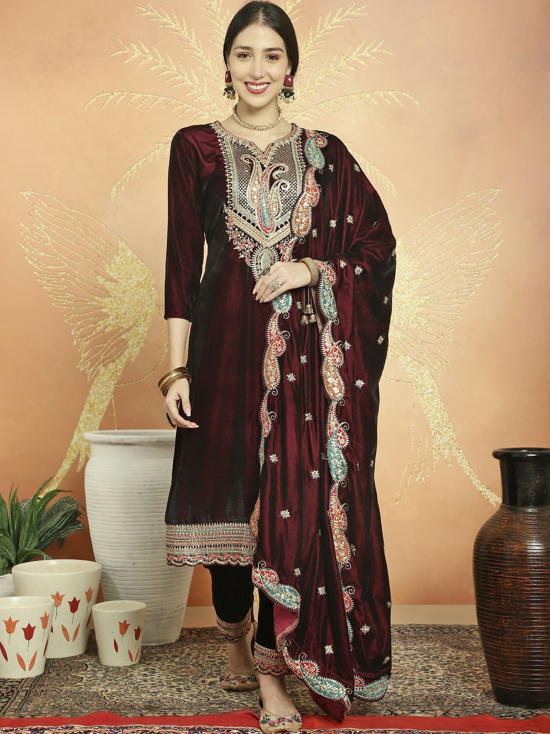 Jyoti Fashion Women's Maroon Velvet Cording with Resham Thread & Sequin Kurta with Trouser & Dupatta | Grocsy