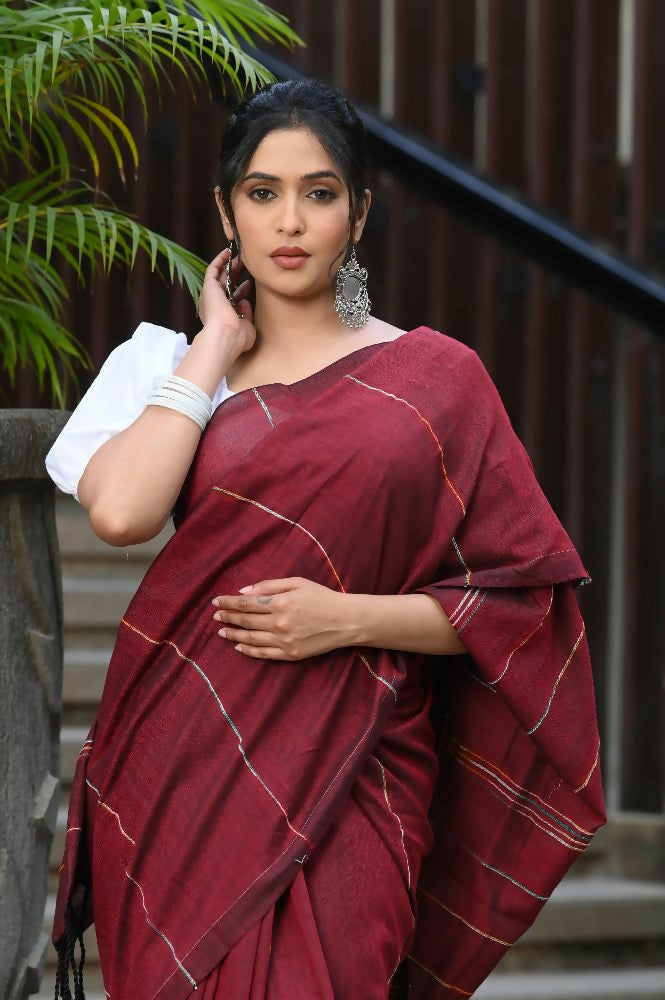 Beatitude Maroon Khadi Ghicha Stripes Saree | Grocsy