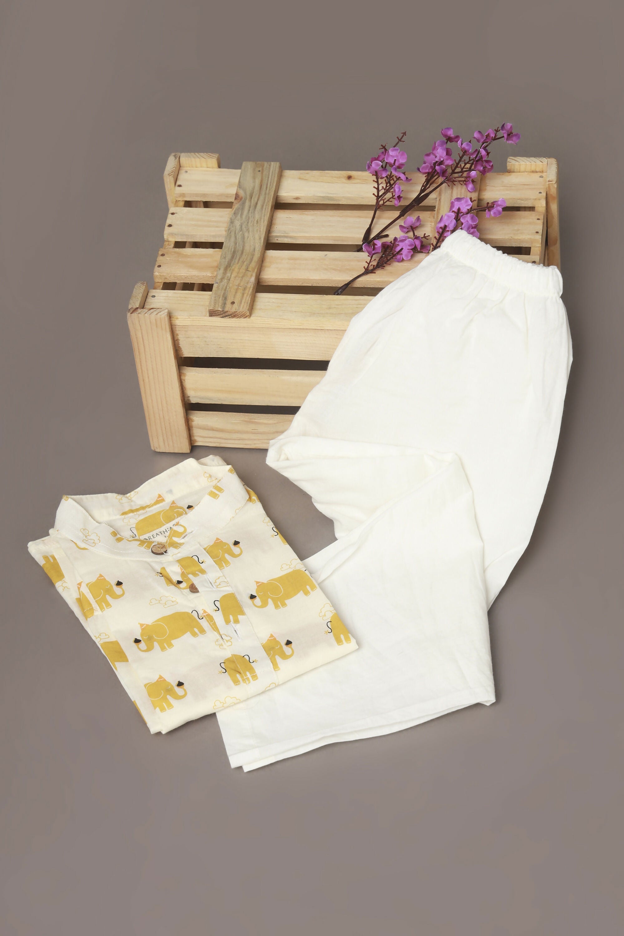 Breathables Kids Cotton Night Suit – Yellow Elephant Print Kurta & Pyjama Co-Ord Set For Boys & Girls | Grocsy