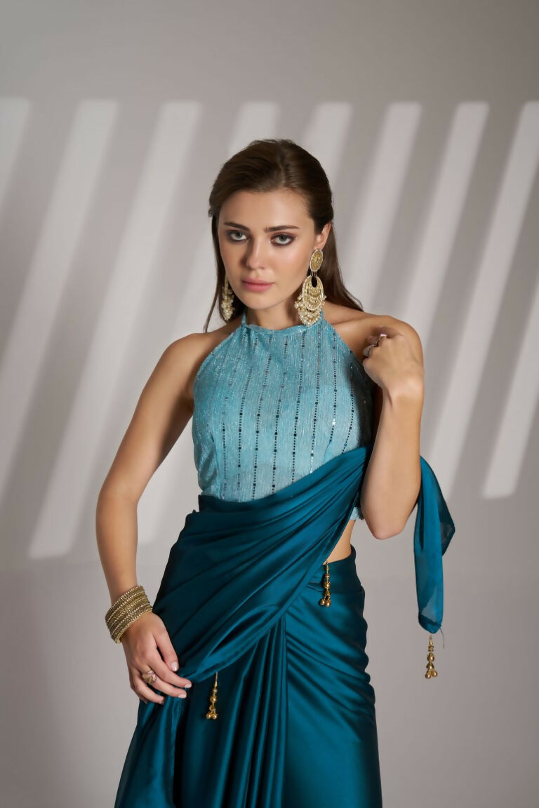 Blue Satin Rangoli Solid Fancy Designer Saree - Nafisa | Grocsy