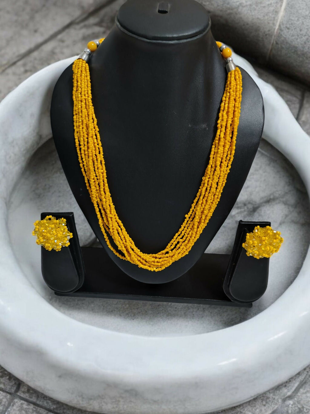 Inhanns Bloom Handmade Beaded Necklace With Earrings - 12 Layers - Yellow Necklace Set | Grocsy