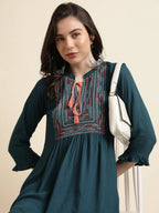 Teal Rayon Yoke Embroidered A-line Top - Tarini | Grocsy