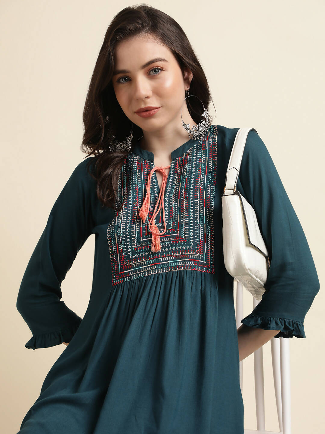 Teal Rayon Yoke Embroidered A-line Top - Tarini | Grocsy