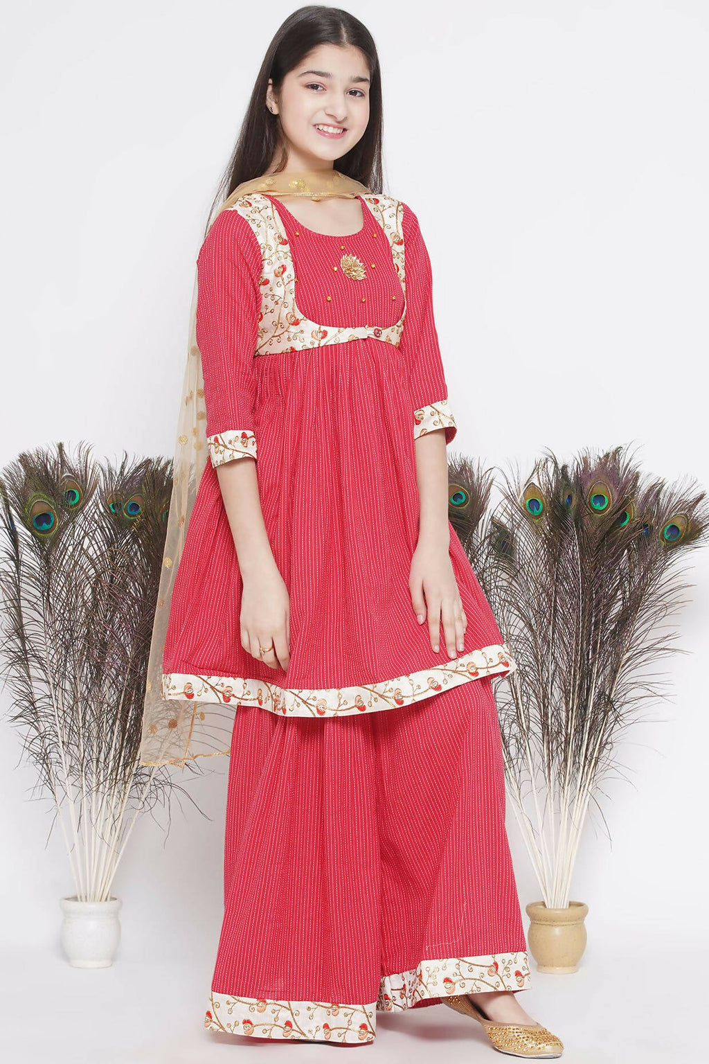 Little Bansi Floral Embroidery Jacket With Cotton Kantha Frock Sharara And Dupatta With Ghungroo Handwork - Red | Grocsy