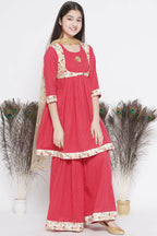 Little Bansi Floral Embroidery Jacket With Cotton Kantha Frock Sharara And Dupatta With Ghungroo Handwork - Red | Grocsy