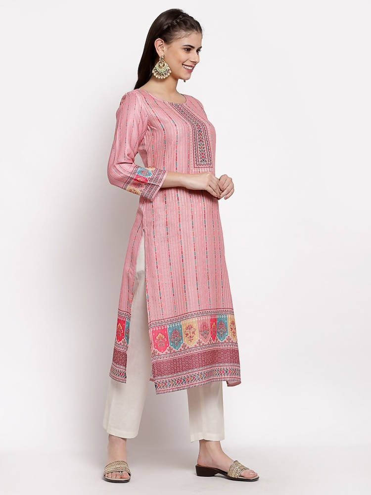 Myshka Women's Traditional Multi Cotton Printed 3/4 Sleeve Round Neck Casual Kurta | Grocsy