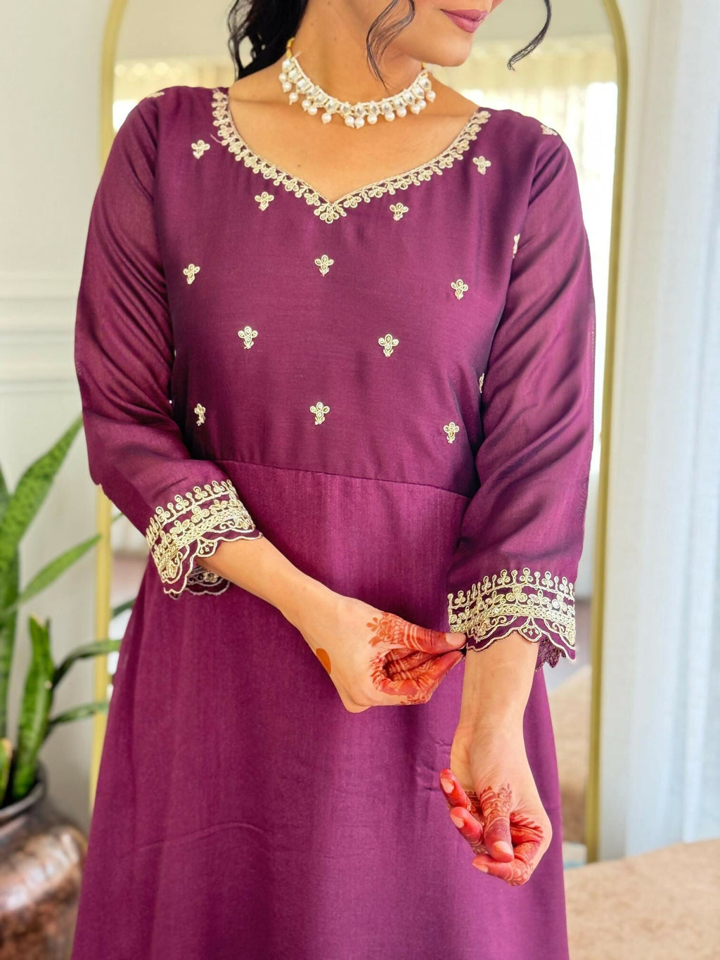 The52 Wine Women's Gorgeous Vichitra Silk Fabric Embroidered Work Flared Anarkali Pant and Dupatta Set | Grocsy