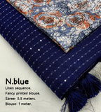 Blue Linen Sequence Saree with Unstitched Blouse - Hiral Fashion | Grocsy