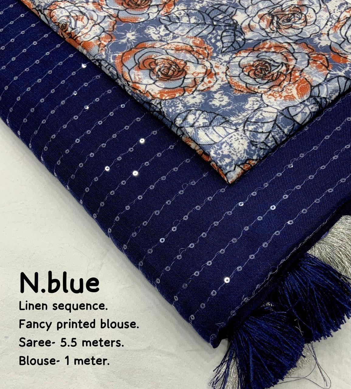 Blue Linen Sequence Saree with Unstitched Blouse - Hiral Fashion | Grocsy