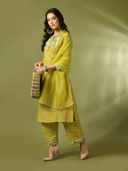 Myshka Women's Yellow Printed Cotton Straight Party Kurta Set With Dupatta | Grocsy