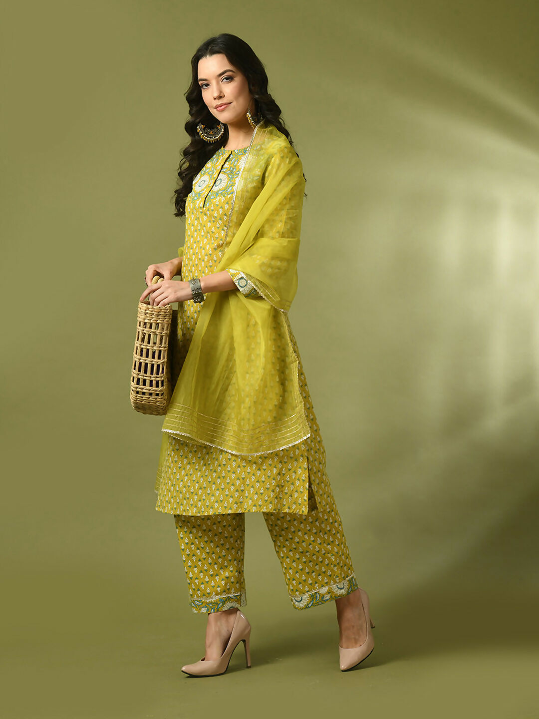Myshka Women's Yellow Printed Cotton Straight Party Kurta Set With Dupatta | Grocsy