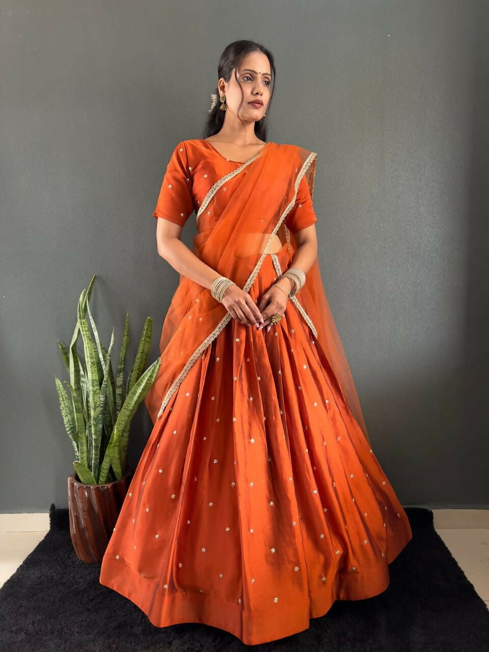 Teeya Creation New Trendy Stylist South Style Lehenga Choli Set - Orange | Grocsy