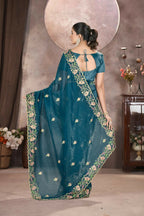 Vastranavya Gold Crunchy Multi Colour Threads Embroidery Work with Sequins Work Saree with Blouse material - Teal | Grocsy