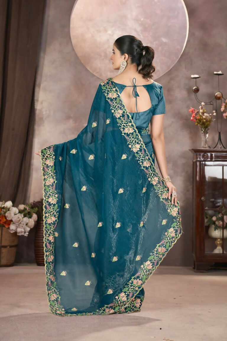 Vastranavya Gold Crunchy Multi Colour Threads Embroidery Work with Sequins Work Saree with Blouse material - Teal | Grocsy