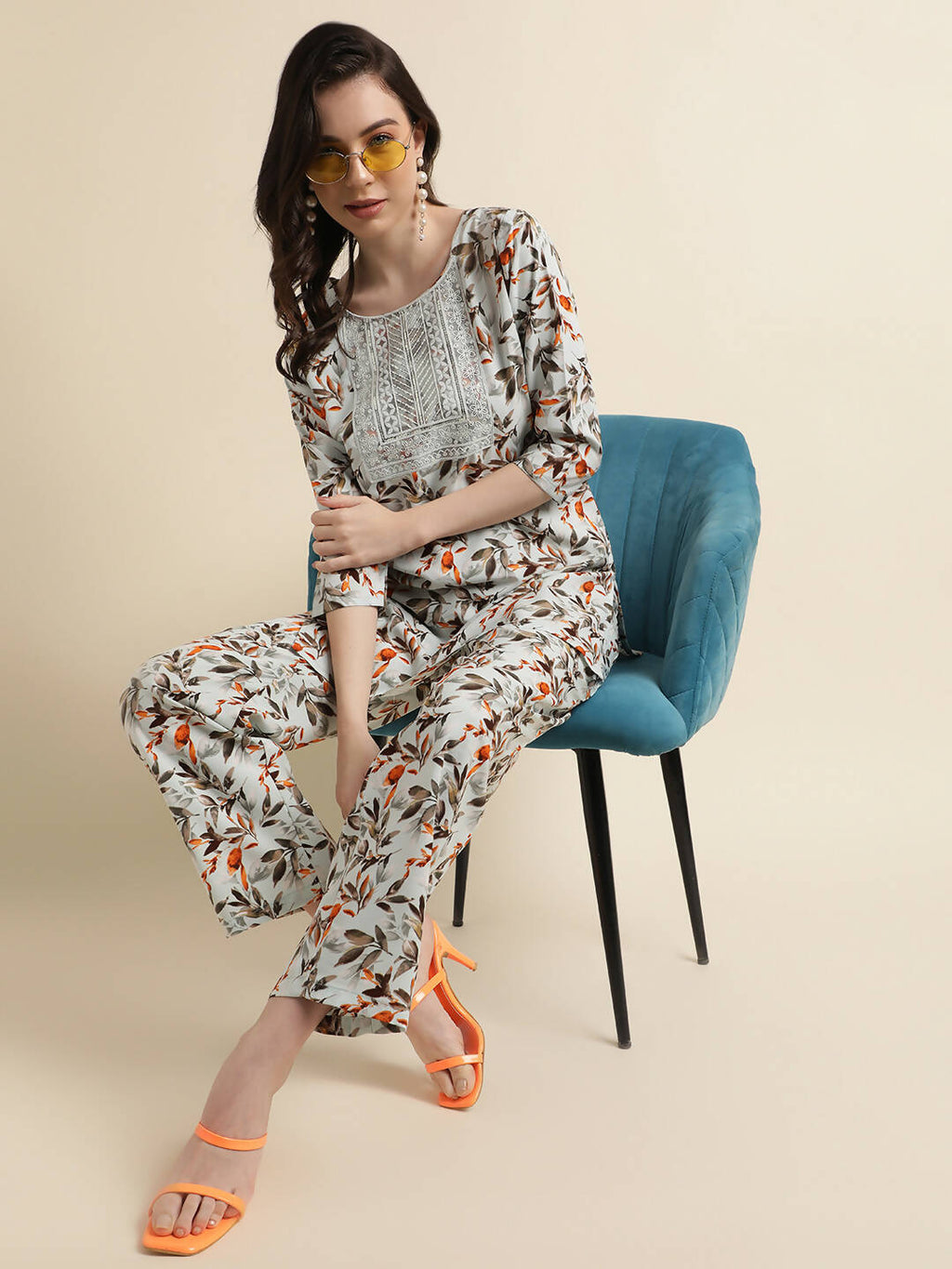 Grey Poly Crepe Digital Printed Top with Matching Bottom - Preeti | Grocsy