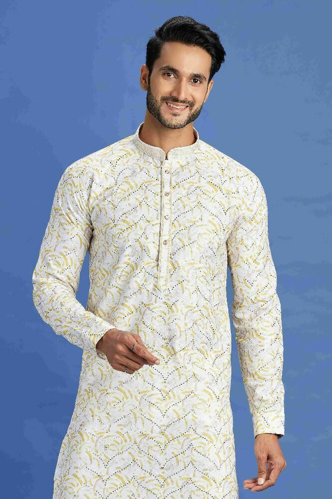 Raivat Ethnic Cotton Embroidery Kurta Pajama In Yellow Colour | Grocsy