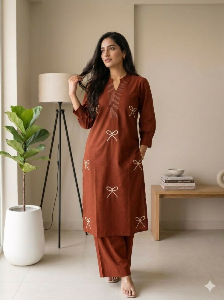 Teeya Creation Women New Trendy Rust Orange Embroidered Cotton Kurta with Palazzos | Grocsy