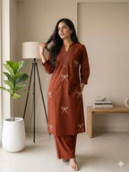 Teeya Creation Women New Trendy Rust Orange Embroidered Cotton Kurta with Palazzos | Grocsy