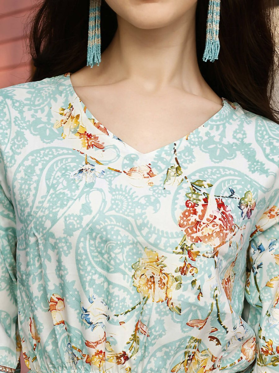 Aqua Blue Rayon Paisley & Floral Printed Top with Matching Bottom - Eesha | Grocsy