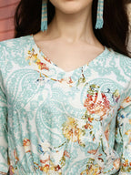 Aqua Blue Rayon Paisley & Floral Printed Top with Matching Bottom - Eesha | Grocsy