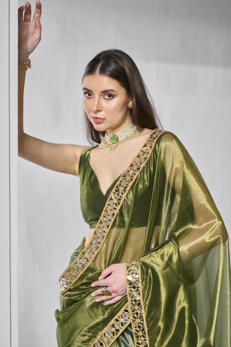 Green Gold Tissue Net Solid & Gold Cotted Saree - Samaa | Grocsy