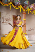 Yellow Viscose Rayon Thread Embroidery with mirror work Navratri Lehenga Choli with Dupatta - Raas | Grocsy