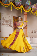 Yellow Viscose Rayon Thread Embroidery with mirror work Navratri Lehenga Choli with Dupatta - Raas | Grocsy