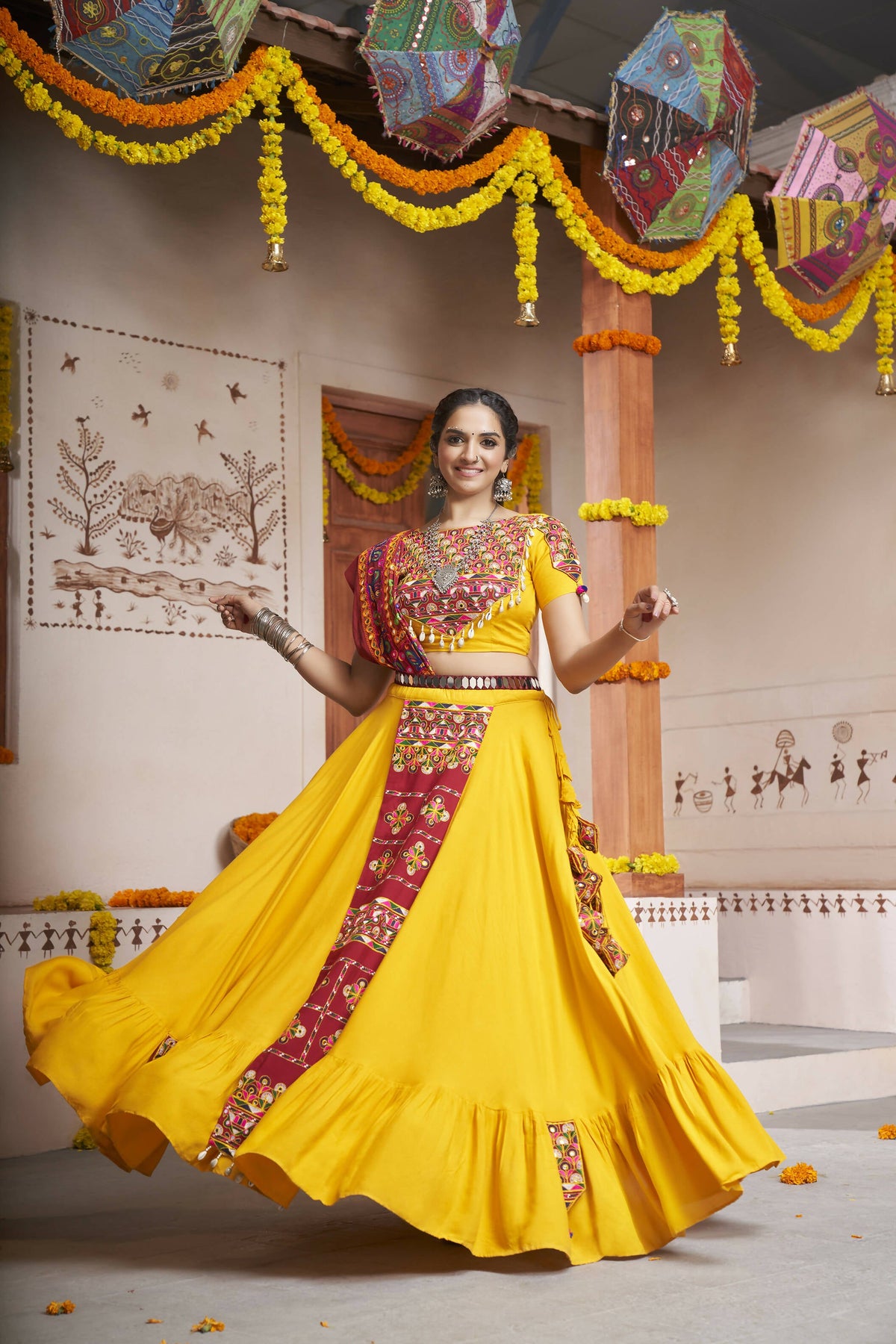 Yellow Viscose Rayon Thread Embroidery with mirror work Navratri Lehenga Choli with Dupatta - Raas | Grocsy