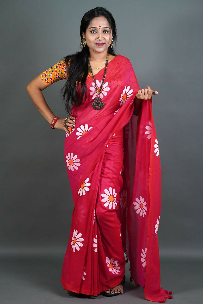 Exclusive Collection Red Pure Cotton Saree With Sunflower Design | Grocsy