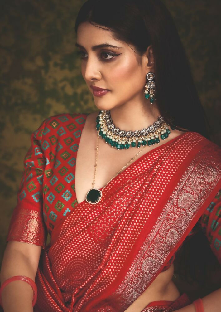 Joban Fashion Red Velvet Tussar Silk with Foil Print Saree | Grocsy