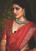 Joban Fashion Red Velvet Tussar Silk with Foil Print Saree | Grocsy