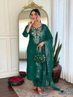 The52 Women Gorgeous Roman Silk Fabric Straight Kurta, Pant and Dupatta Set | Grocsy