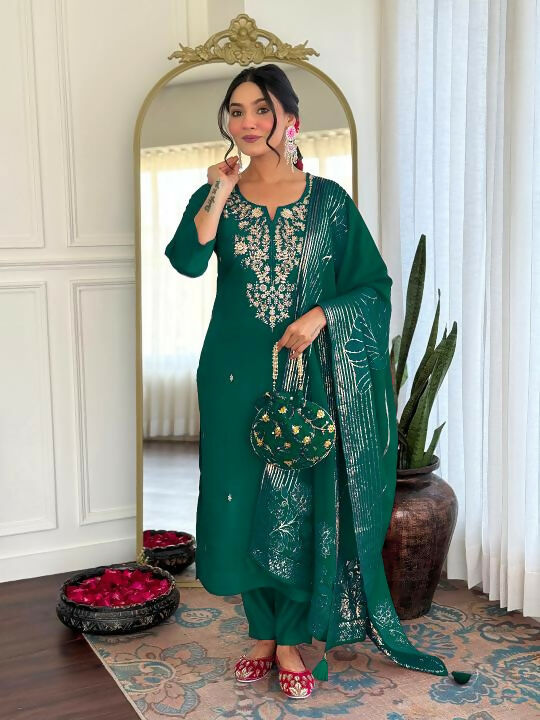 The52 Women Gorgeous Roman Silk Fabric Straight Kurta, Pant and Dupatta Set | Grocsy