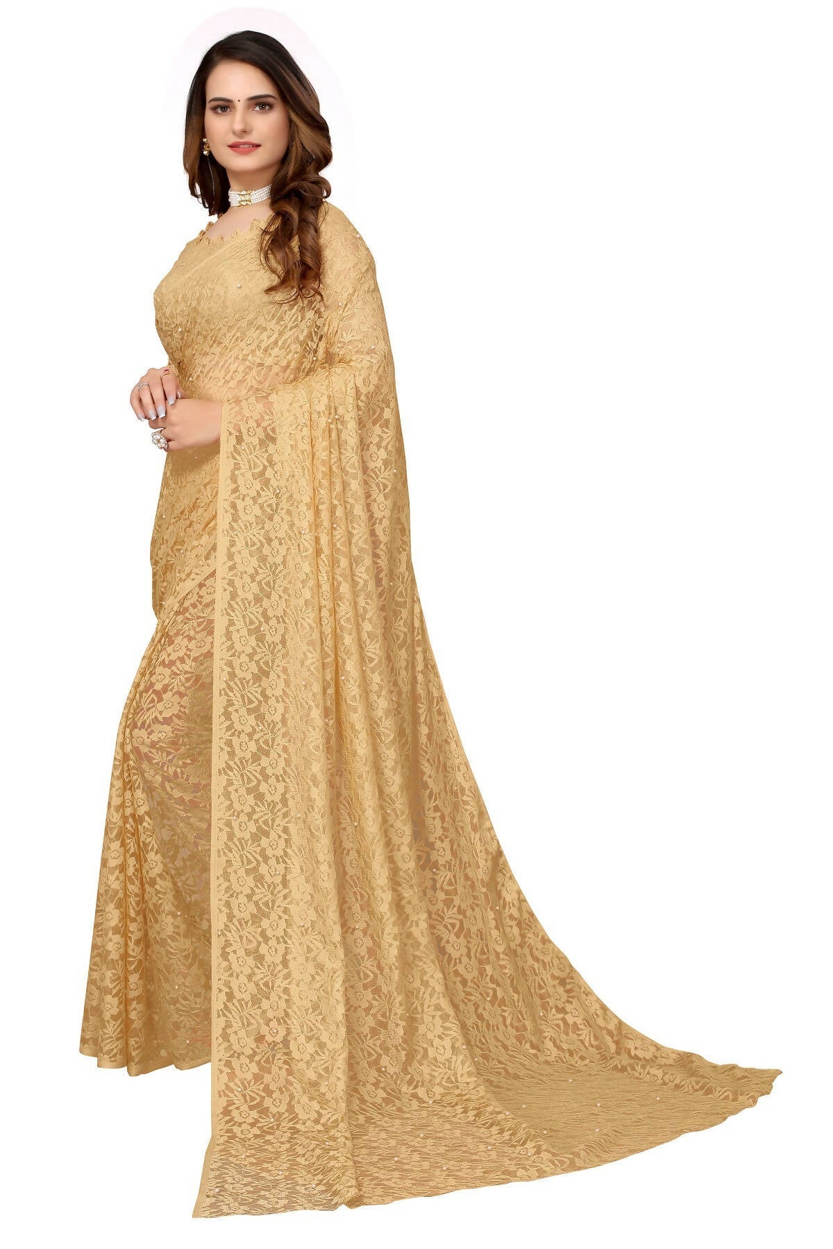 Vamika Brown Pearls Net Saree | Grocsy