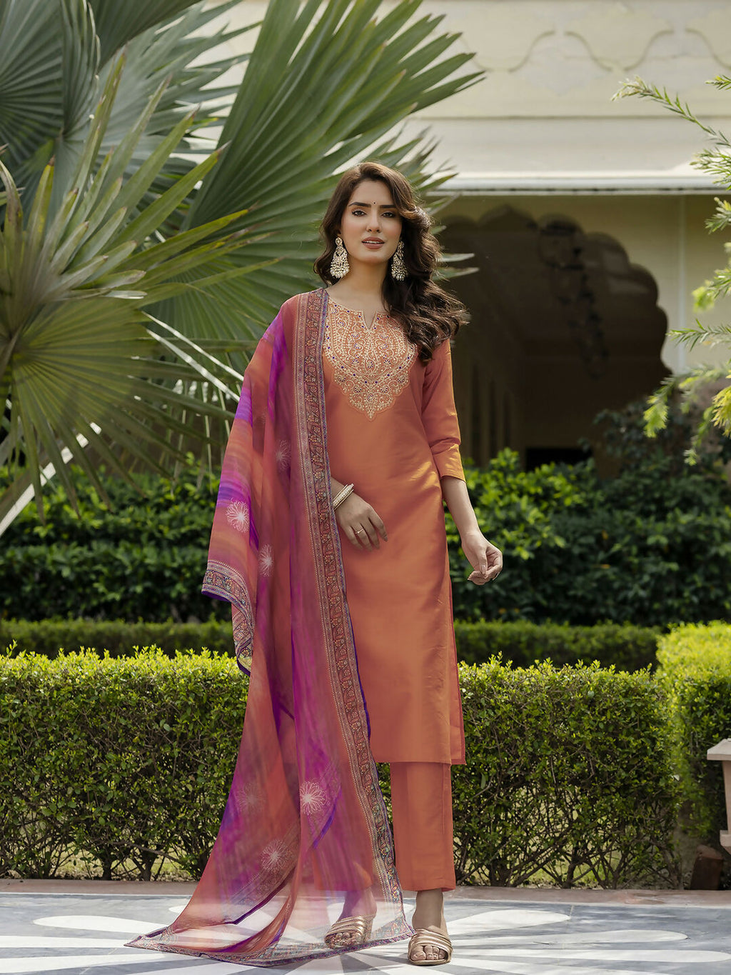 The52 Orange Women's Gorgeous Embroidered Rayon Fabric with Straight Kurta, Pant and Dupatta Set | Grocsy